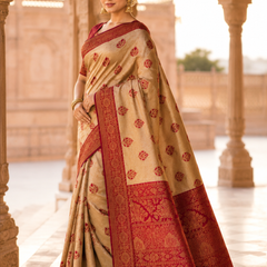 Beige & Maroon Jacquard Woven Saree with Rich Zari Border, Leaf Motifs & Traditional Designer Pallu