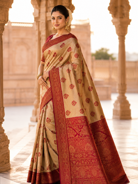 Beige & Maroon Jacquard Woven Saree with Rich Zari Border, Leaf Motifs & Traditional Designer Pallu