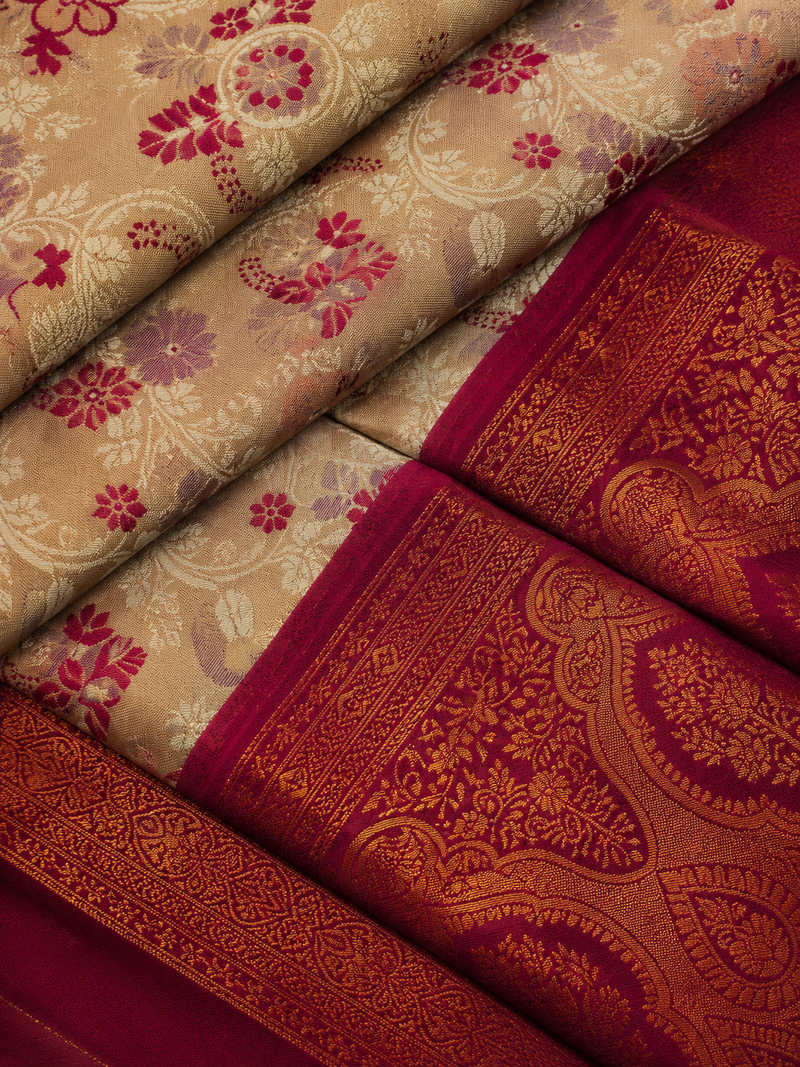 Chickoo & Maroon Jacquard Woven Saree with Rich Antique Gold Zari Border & Traditional Designer Pallu