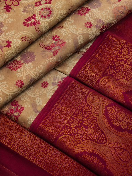 Chickoo & Maroon Jacquard Woven Saree with Rich Antique Gold Zari Border & Traditional Designer Pallu