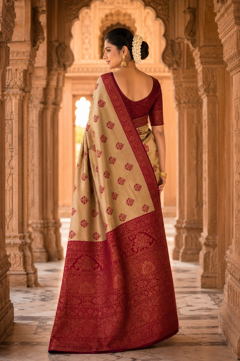 Beige & Maroon Jacquard Woven Saree with Rich Zari Border, Leaf Motifs & Traditional Designer Pallu