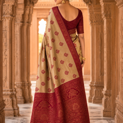 Beige & Maroon Jacquard Woven Saree with Rich Zari Border, Leaf Motifs & Traditional Designer Pallu