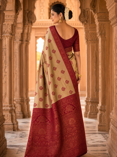 Beige & Maroon Jacquard Woven Saree with Rich Zari Border, Leaf Motifs & Traditional Designer Pallu