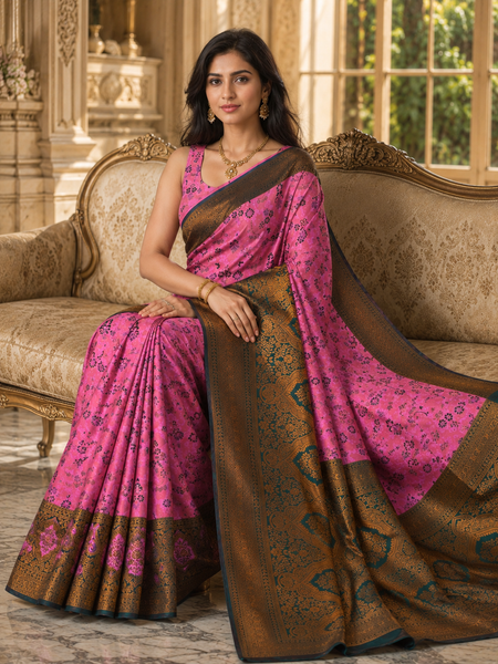 PinkAnd Green Art Silk Premium And Fancy Design Saree With Blouse For Women