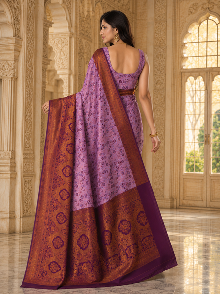 Women's Lavender Purple Jacquard Woven Saree with Rich Maroon & Antique Gold Zari Border and Designer Pallu