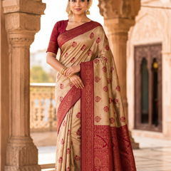 Beige & Maroon Jacquard Woven Saree with Rich Zari Border, Leaf Motifs & Traditional Designer Pallu