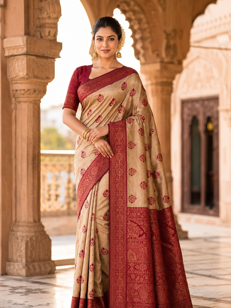Beige & Maroon Jacquard Woven Saree with Rich Zari Border, Leaf Motifs & Traditional Designer Pallu