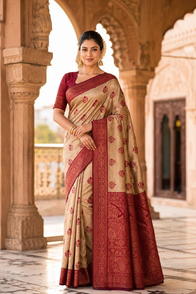 Beige & Maroon Jacquard Woven Saree with Rich Zari Border, Leaf Motifs & Traditional Designer Pallu