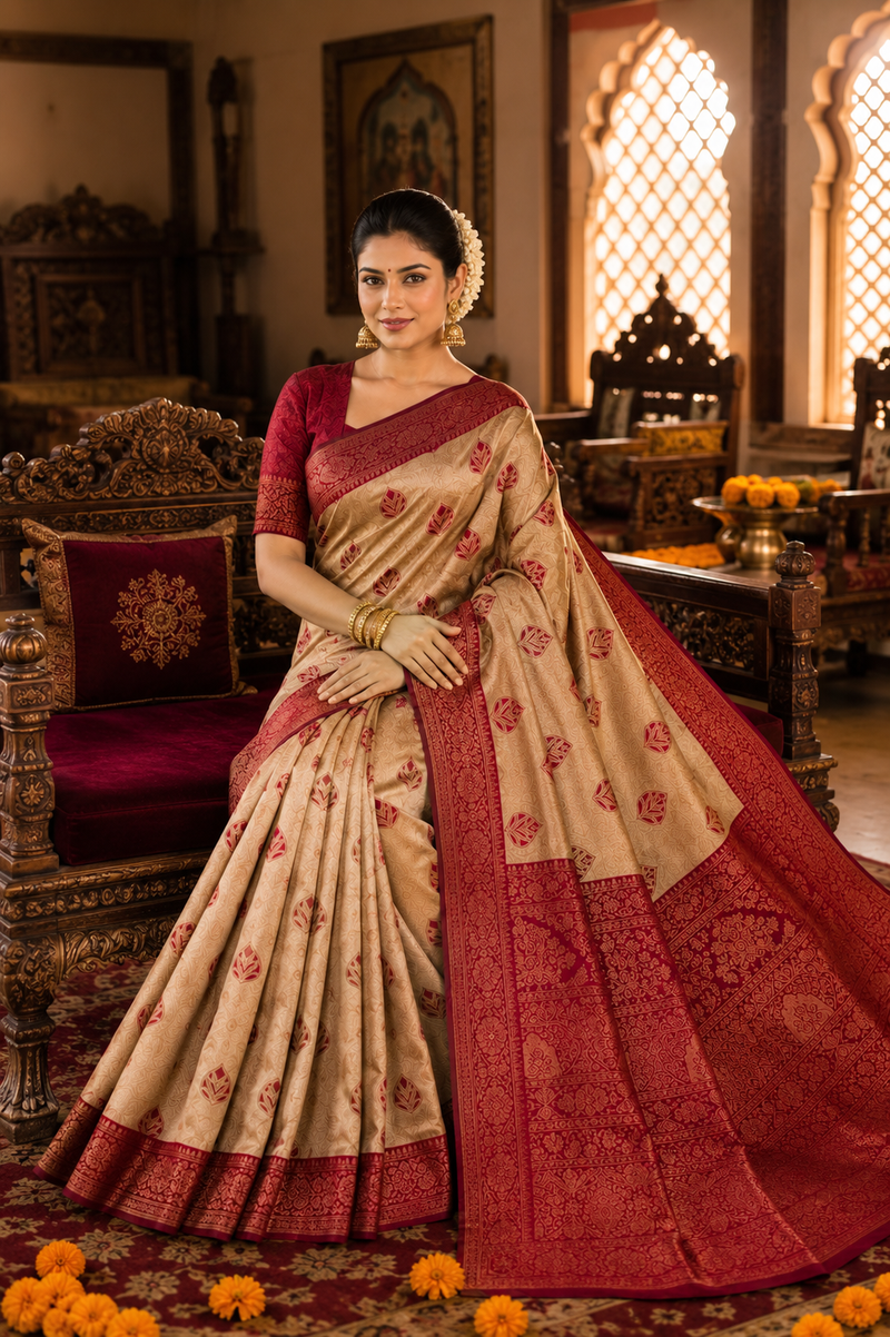 Beige & Maroon Jacquard Woven Saree with Rich Zari Border, Leaf Motifs & Traditional Designer Pallu
