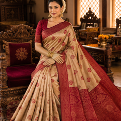 Beige & Maroon Jacquard Woven Saree with Rich Zari Border, Leaf Motifs & Traditional Designer Pallu