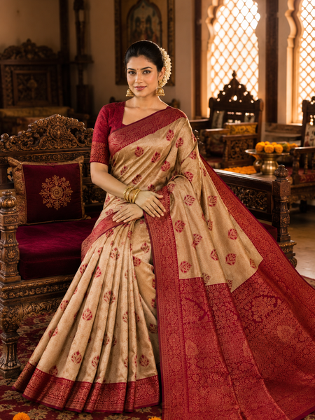 Beige & Maroon Jacquard Woven Saree with Rich Zari Border, Leaf Motifs & Traditional Designer Pallu