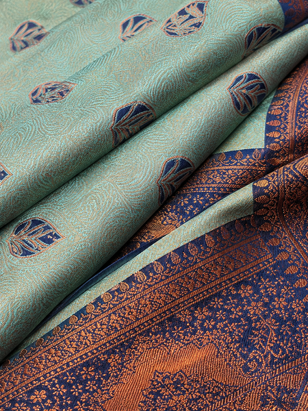 Sea Green & Navy Blue Jacquard Woven Saree with Rich Copper Zari Border & Designer Paisley Pallu
