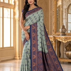 Sea Green & Navy Blue Jacquard Woven Saree with Rich Copper Zari Border & Designer Paisley Pallu