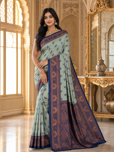 Sea Green & Navy Blue Jacquard Woven Saree with Rich Copper Zari Border & Designer Paisley Pallu