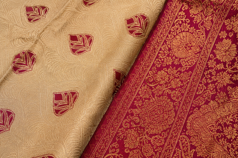 Beige & Maroon Jacquard Woven Saree with Rich Zari Border, Leaf Motifs & Traditional Designer Pallu