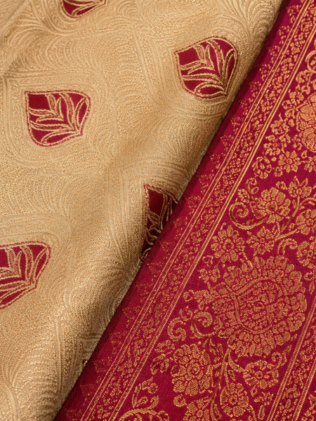 Beige & Maroon Jacquard Woven Saree with Rich Zari Border, Leaf Motifs & Traditional Designer Pallu