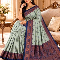 Sea Green & Navy Blue Jacquard Woven Saree with Rich Copper Zari Border & Designer Paisley Pallu