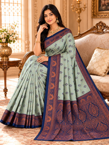 Sea Green & Navy Blue Jacquard Woven Saree with Rich Copper Zari Border & Designer Paisley Pallu