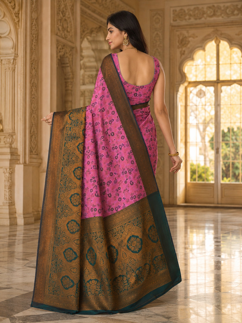 PinkAnd Green Art Silk Premium And Fancy Design Saree With Blouse For Women