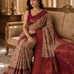 Chickoo & Maroon Jacquard Woven Saree with Rich Antique Gold Zari Border & Traditional Designer Pallu