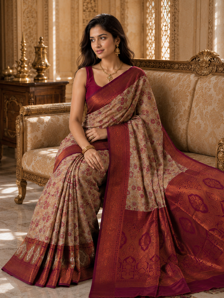 Chickoo & Maroon Jacquard Woven Saree with Rich Antique Gold Zari Border & Traditional Designer Pallu