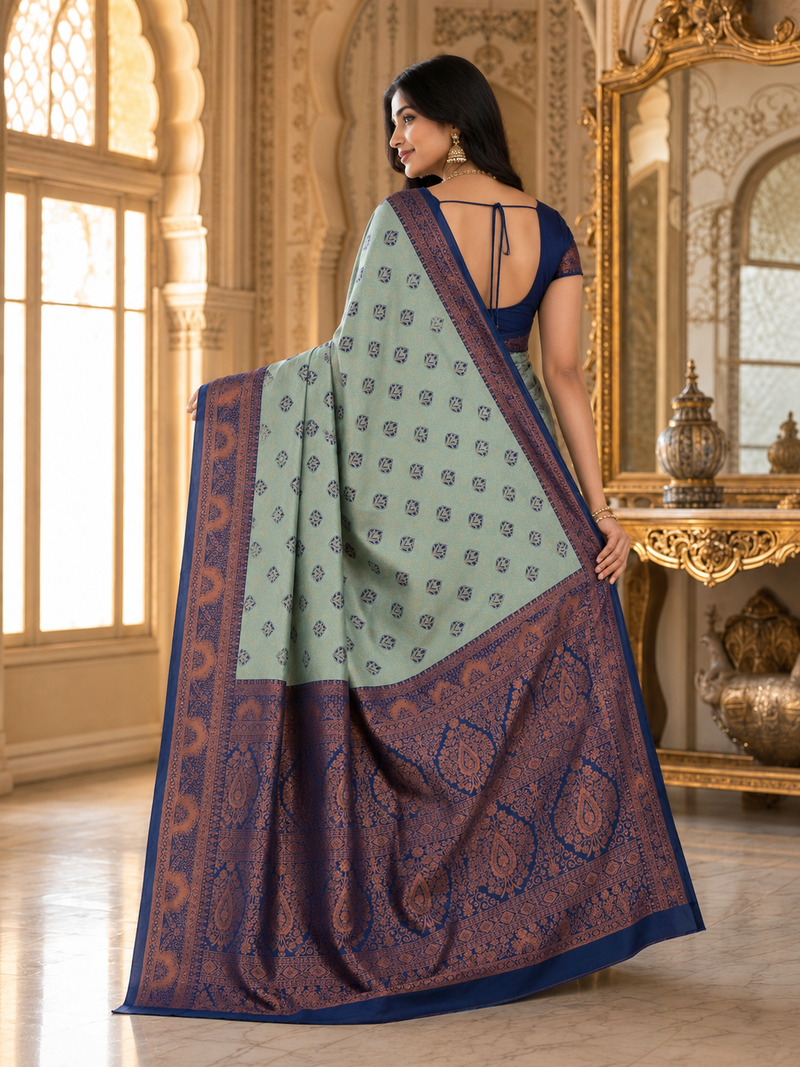 Sea Green & Navy Blue Jacquard Woven Saree with Rich Copper Zari Border & Designer Paisley Pallu