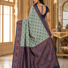 Sea Green & Navy Blue Jacquard Woven Saree with Rich Copper Zari Border & Designer Paisley Pallu