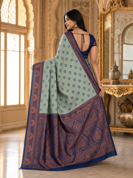 Sea Green & Navy Blue Jacquard Woven Saree with Rich Copper Zari Border & Designer Paisley Pallu