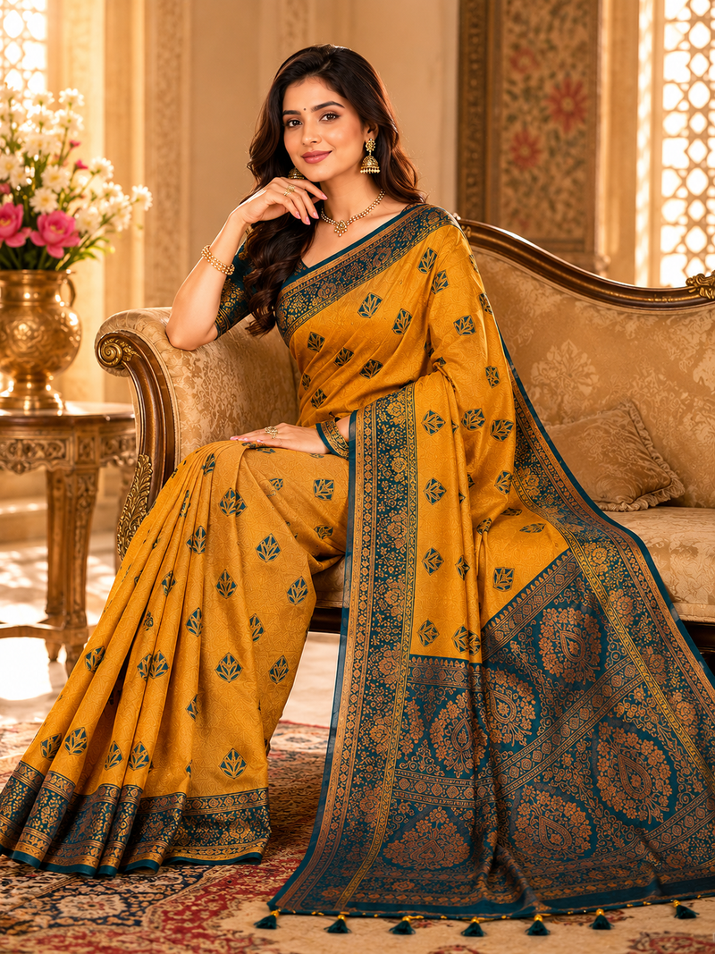 Mustard Yellow And Teal Art Silk Premium And Fancy Design Saree With Blouse For Women