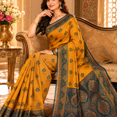 Mustard Yellow And Teal Art Silk Premium And Fancy Design Saree With Blouse For Women