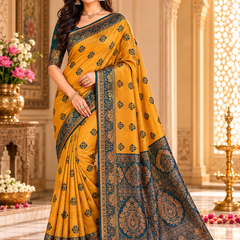 Mustard Yellow And Teal Art Silk Premium And Fancy Design Saree With Blouse For Women