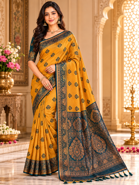 Mustard Yellow And Teal Art Silk Premium And Fancy Design Saree With Blouse For Women