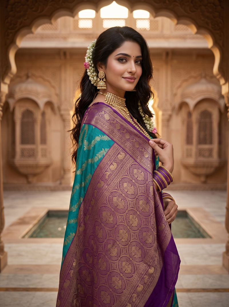 Peacock Teal Blue Art Silk Banarasi Saree with Deep Purple Contrast Pallu & Blouse Piece