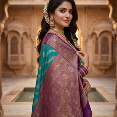 Peacock Teal Blue Art Silk Banarasi Saree with Deep Purple Contrast Pallu & Blouse Piece