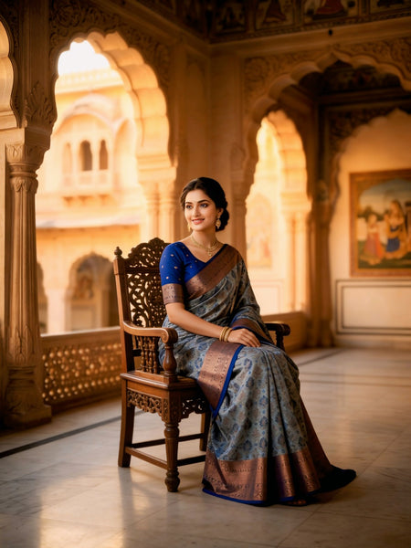Navy Blue Art Silk Premium And Fancy Design Saree With Blouse For Women