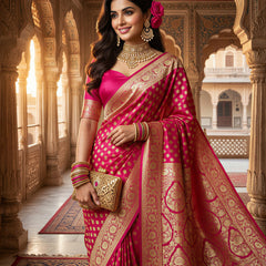 Rani Pink Banarasi Silk Saree with Golden Zari Butti Work, Rich Woven Border & Designer Pallu for Women