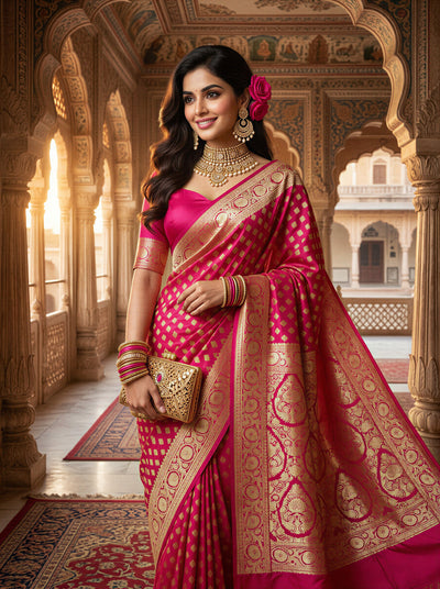 Rani Pink Banarasi Silk Saree with Golden Zari Butti Work, Rich Woven Border & Designer Pallu for Women