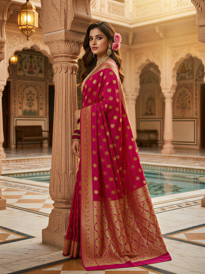 Rani Pink Banarasi Silk Saree with Golden Zari Butti Work, Broad Woven Border & Rich Designer Pallu for Women