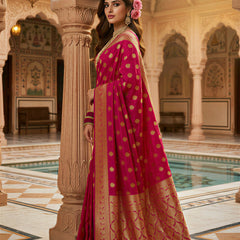 Rani Pink Banarasi Silk Saree with Golden Zari Butti Work, Broad Woven Border & Rich Designer Pallu for Women