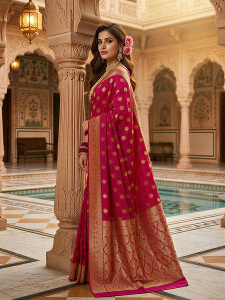 Rani Pink Banarasi Silk Saree with Golden Zari Butti Work, Broad Woven Border & Rich Designer Pallu for Women
