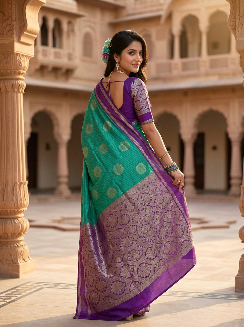 The Emerald Green & Violet Banarasi Saree