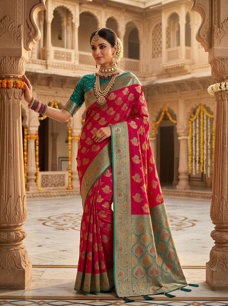 Vibrant Rani Pink Art Silk Banarasi Saree with Teal Green Contrast Border & Blouse Piece