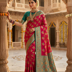 Vibrant Rani Pink Art Silk Banarasi Saree with Teal Green Contrast Border & Blouse Piece