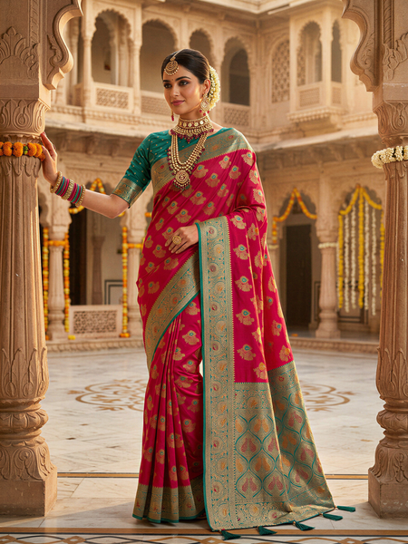 Vibrant Rani Pink Art Silk Banarasi Saree with Teal Green Contrast Border & Blouse Piece