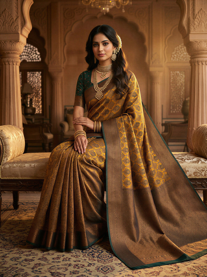 Antique Golden & Bottle Green Jacquard Woven Saree with Rich Copper Zari Border & Pallu