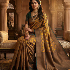 Antique Golden & Bottle Green Jacquard Woven Saree with Rich Copper Zari Border & Pallu