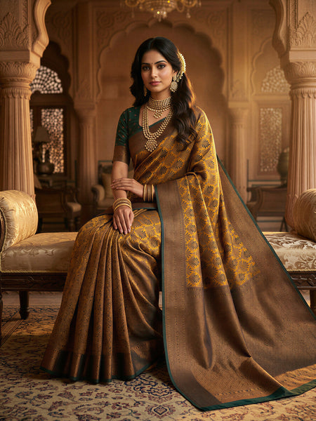 Antique Golden & Bottle Green Jacquard Woven Saree with Rich Copper Zari Border & Pallu