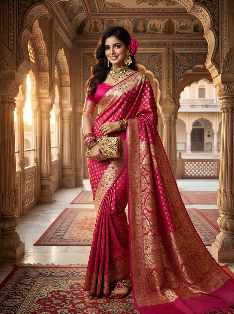 Rani Pink Banarasi Silk Saree with Golden Zari Butti Work, Rich Woven Border & Designer Pallu for Women