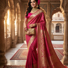 Rani Pink Banarasi Silk Saree with Golden Zari Butti Work, Rich Woven Border & Designer Pallu for Women