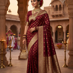 Maroon Banarasi Silk Saree with Golden Zari Butti Work, Traditional Woven Border & Rich Pallu for Women